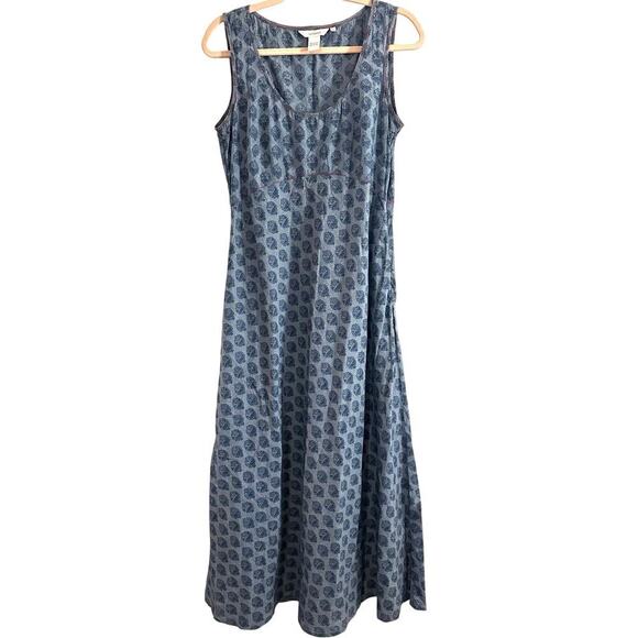SUNDANCE Blue Denim Chambray Floral Stamp Pattern Midi Boho Western Dress - Sz 6 - Picture 1 of 4